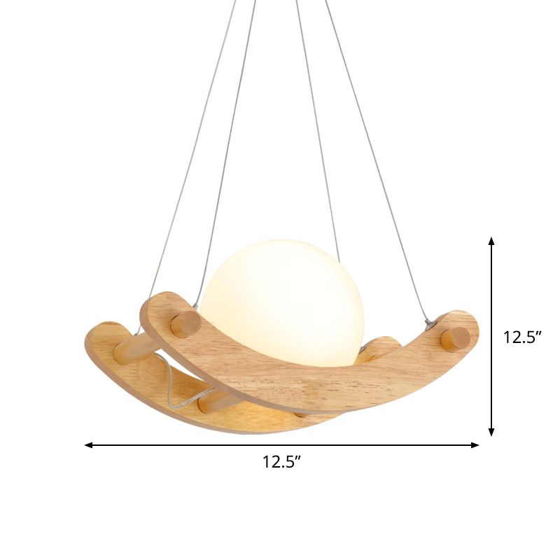Béige arcé moderniste 1 lempe plafond en bois léger avec une nuance en verre blanc lait orbe