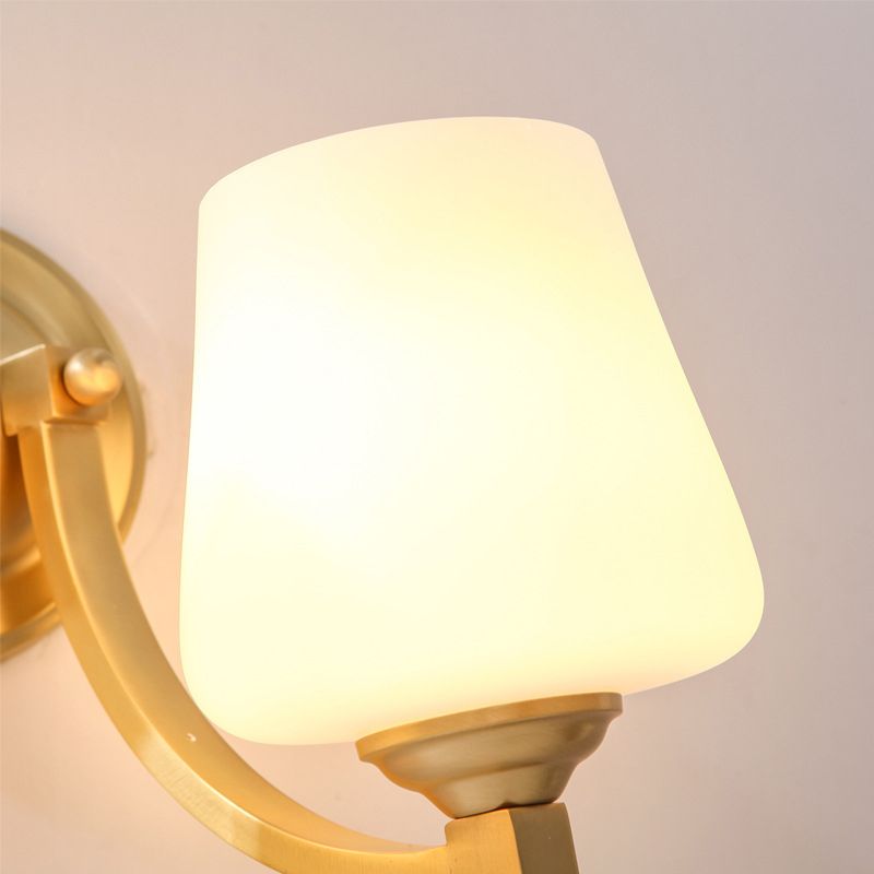 Gold 1/2-Bulb Wall Sconce Lamp Modern Style White Glass Cup Shaped Wall Lighting for Bedroom