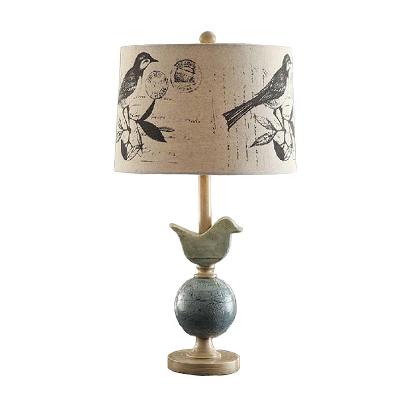 Gedrukte stof drumtafellamp Nieuwheid Modern single beige nachtlampje met vogel- en bolbasis