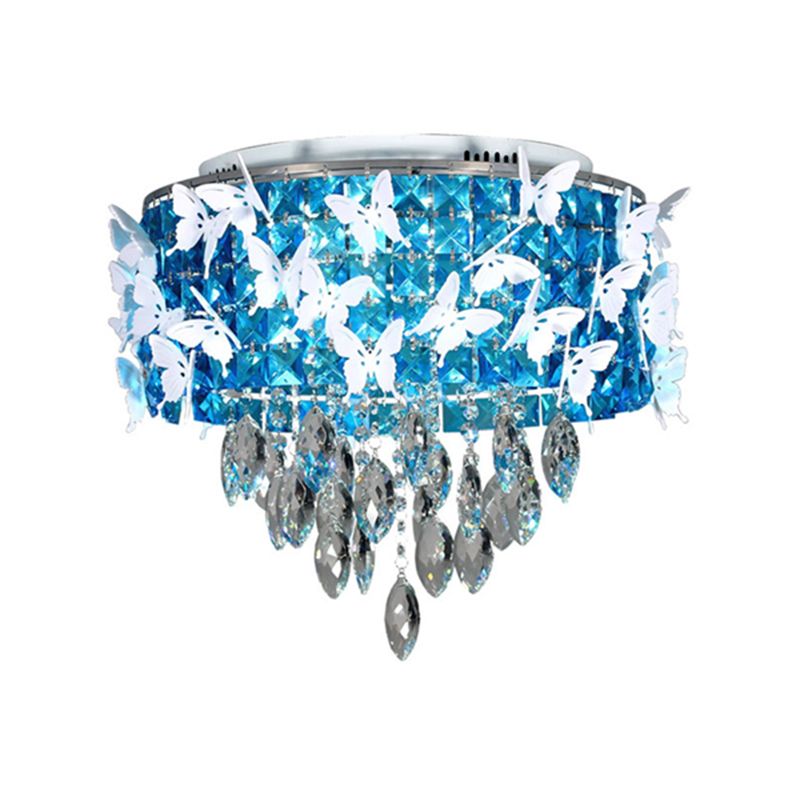 Drum Clear/Amber/Lake Blue Crystal Flush Mount Contemporary Silver LED Ceiling Fixture with Butterfly Deco in Warm/White Light