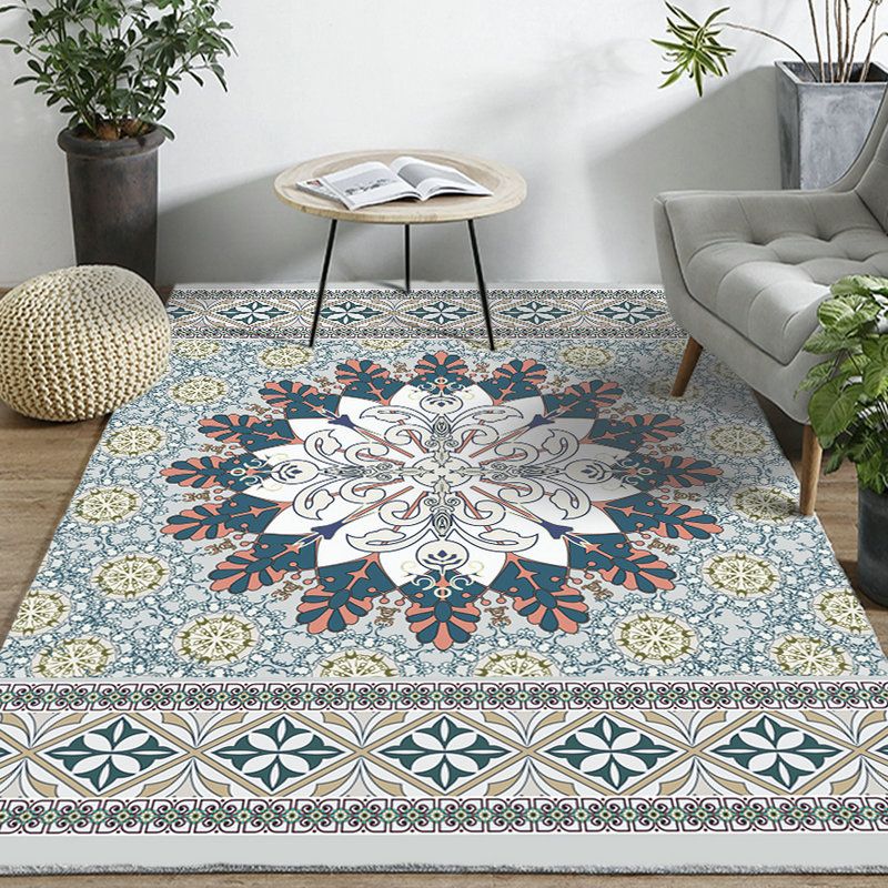 Light Blue Moroccan Rug Polyester Floral Diamond Pattern Area Rug Anti-Slip Backing Carpet for Home Decoration