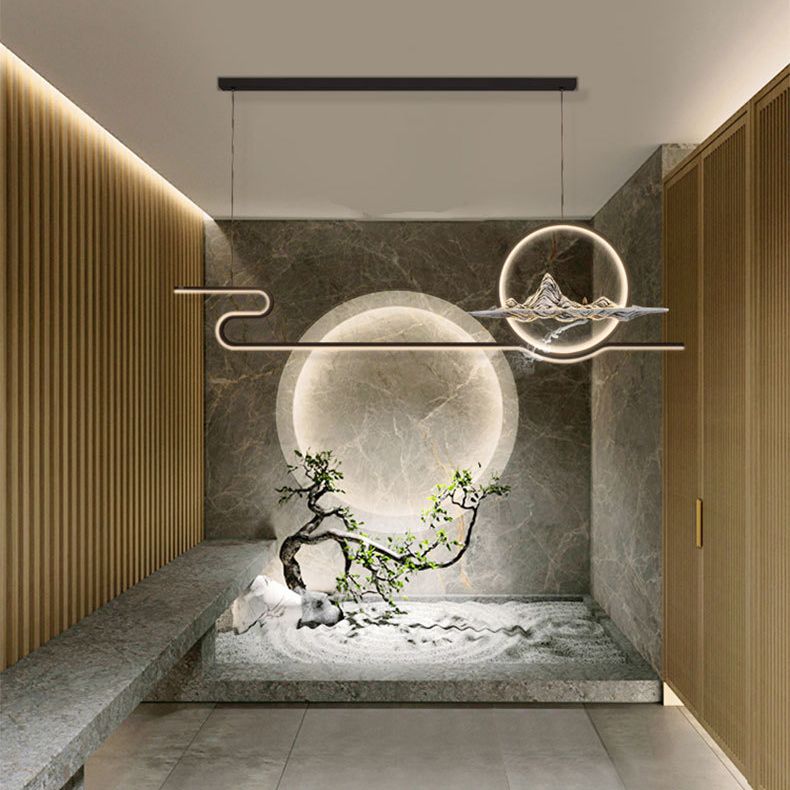 Chinese Minimalist Style Linear Island Pendant Lighting LED Metal Island Ceiling Light for Living Room