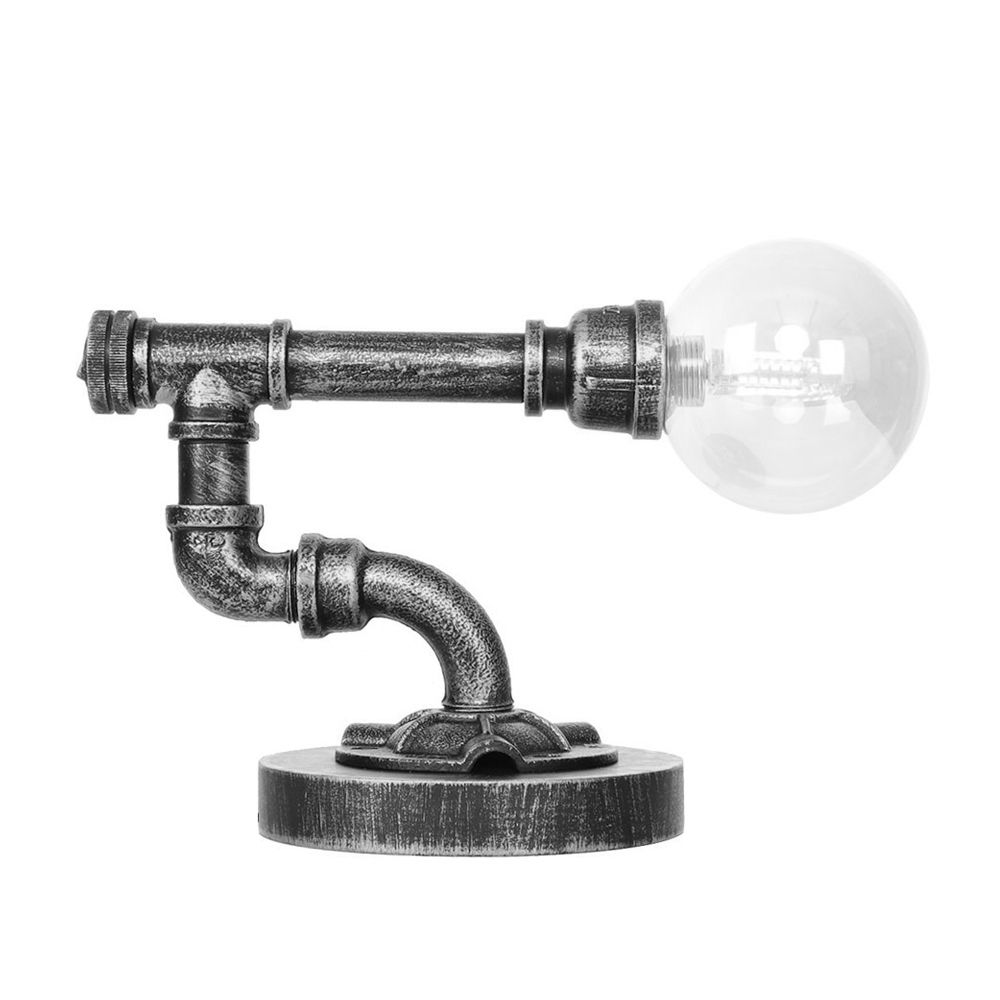 Lampada da lettura a luce singola in argento antico/bronzo. Illuminazione industriale con paralume globo in vetro trasparente/ambrato