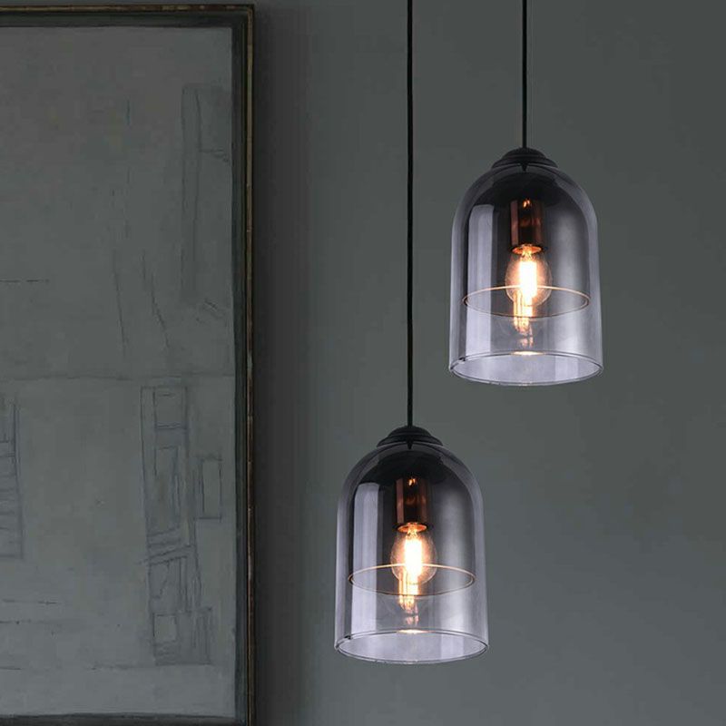 Cloche Smoke Grey Glass Pendant Lighting Modern 1 Head Black Hanging Light Fixture