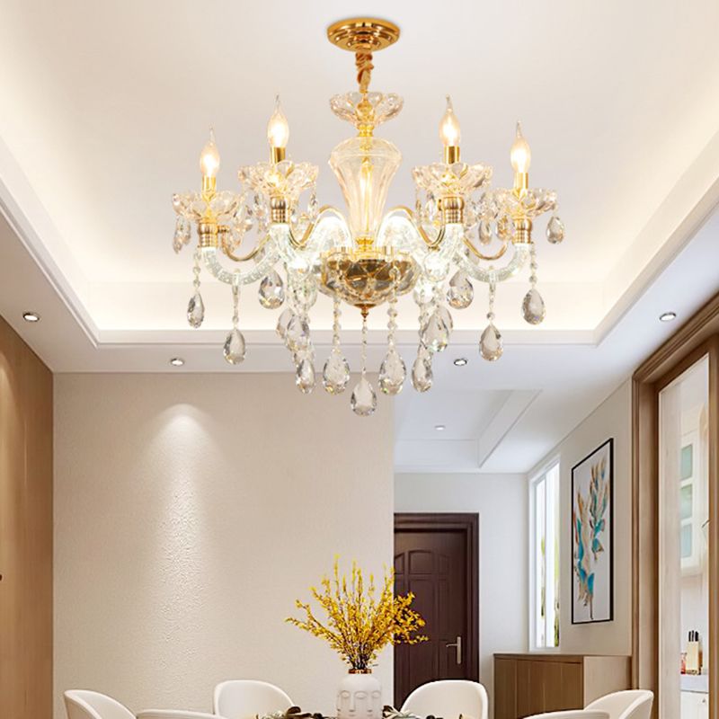 Candelabra Crystal Ceiling Chandelier Vintage 6 Lights Dining Room Pendant in Gold with Clear Glass Shade