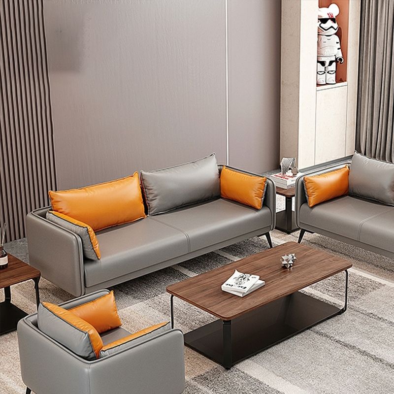 24.8" High Glam Sofa Faux Leather/Genuine Leather Tuxedo Arm Sofa with Pillows