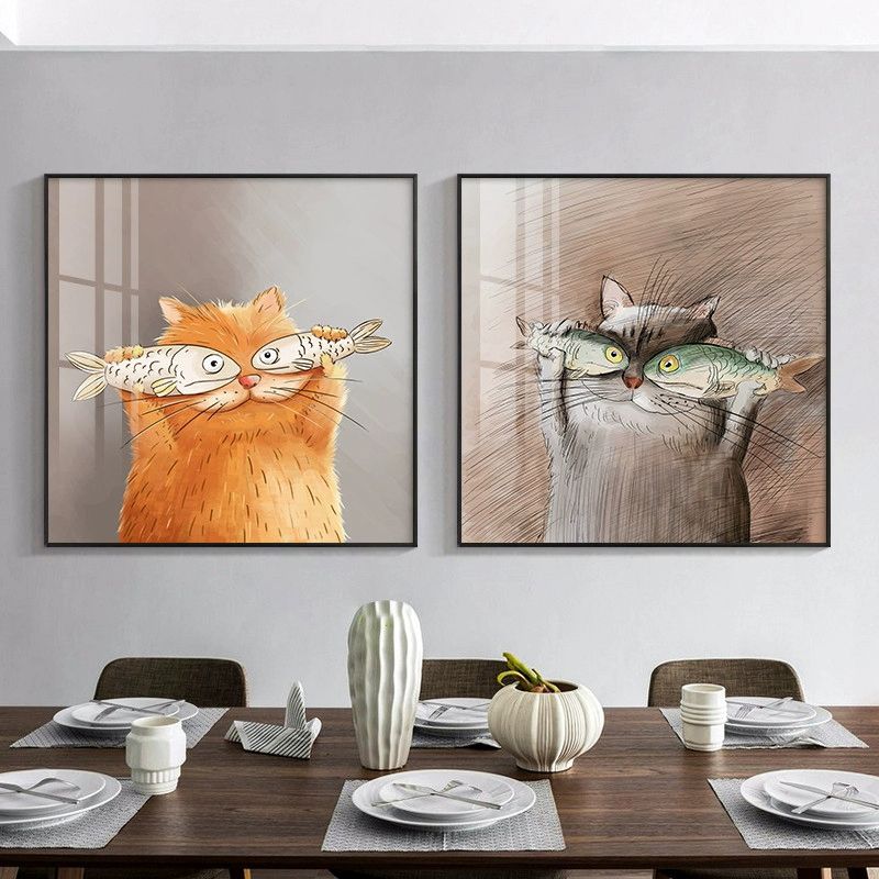 Kawaii Chubby Cat Canvas Art for Dining Room, Dark Color, Multiple Sizes Available