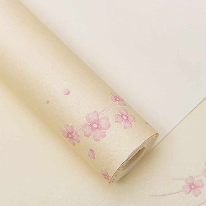 Rustic Floweret Wallpaper Roll Pink and Beige Stain Resistant Wall Decor for Bedroom