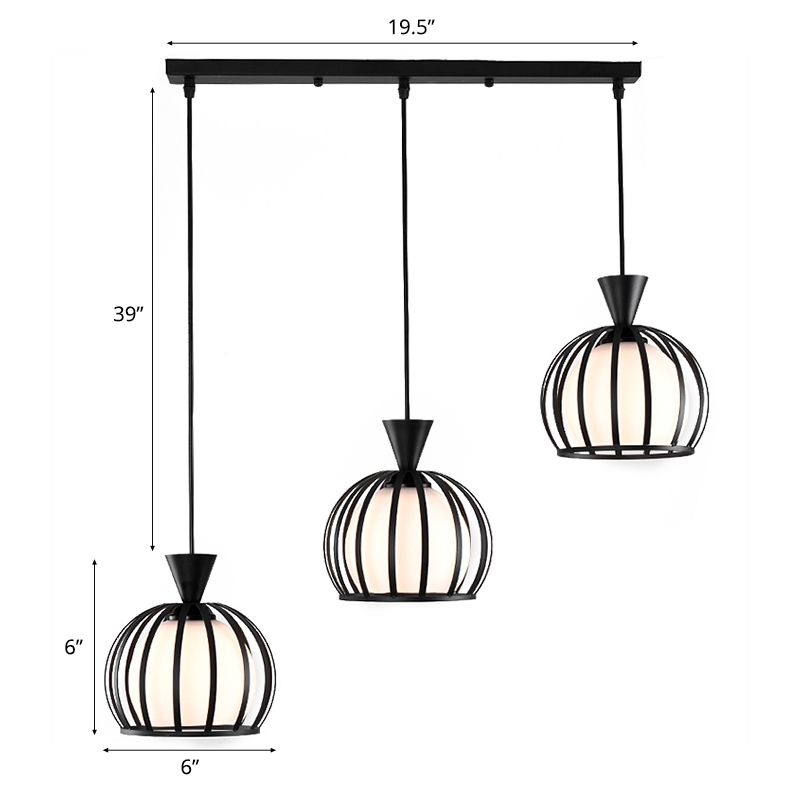Metal Dome Cage Ceiling Pendant with Milk Glass Shade Retro Style 3 Bulb Indoor Hanging Light in Black/White