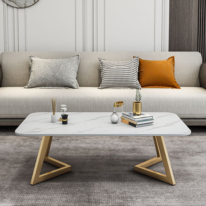 Glam Rectangle Stone Top Coffee Table with Iron Legs Cocktail Table