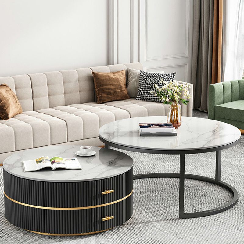 Round Slate Coffee Table Set Frame Cocktail Table with 2 Storage Drawers