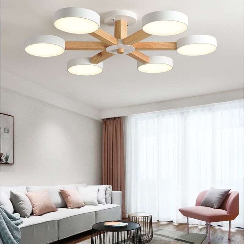 Wooden LED Macaron Ceiling Light in Modern Simplicity Iron Radial Ceiling Fixture with Acrylic Shade