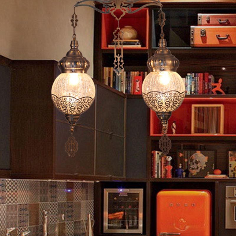 Bronze 2 Lights Chandelier Lamp Vintage Style Crackle Glass Globe Shaped Hanging Light Kit