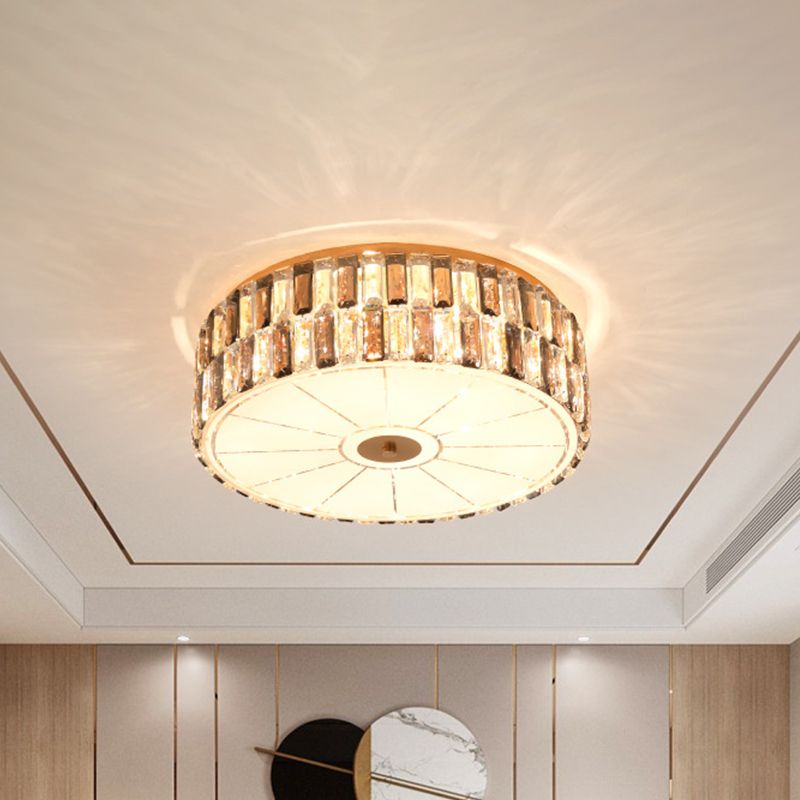 9 - Bulb K9 Crystal Flush Light Simple Gold Drum Bedroom Flush Montaggio Lampada in Gold with Glass Diffuser