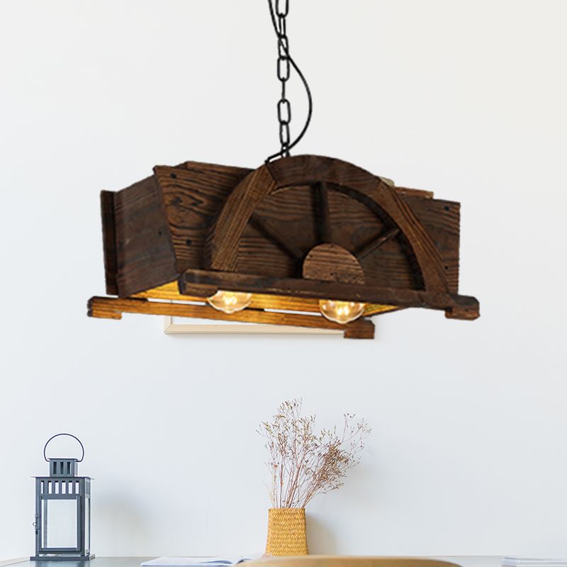 Brown Wood Rectangle Hanging Light 2-bulb Antique Ceiling Fixture for Restaurant