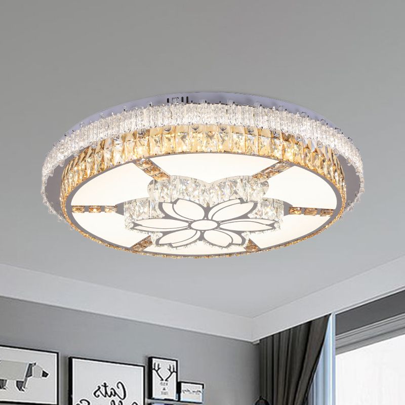 LED Lighting Fixture Contemporary Circular Clear Rectangular-Cut Crystals Flush Mount with Flower Design