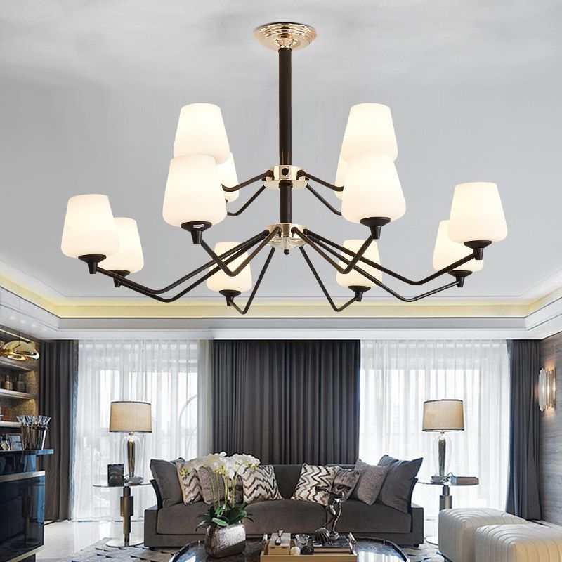 Opal Glass Black Pendant Lamp Sputnik 12 Lights Traditional Chandelier Light Fixture with Cup Shade