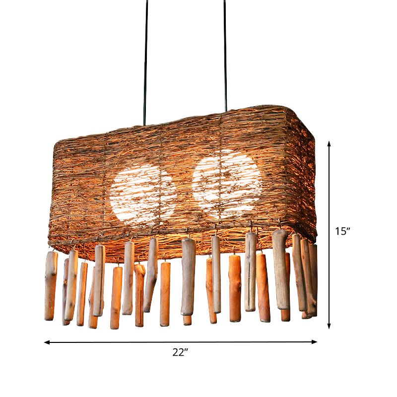 Rectangle Rattan Chandelier Light Chinese 2 Bulbs Brown Suspended Lighting Fixture
