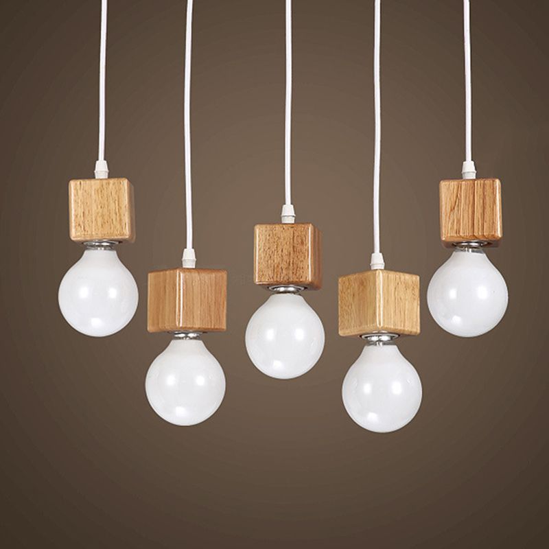 Minimalist Square Hanging Pendant Light Wooden Restaurant Suspension Pendant in Wood