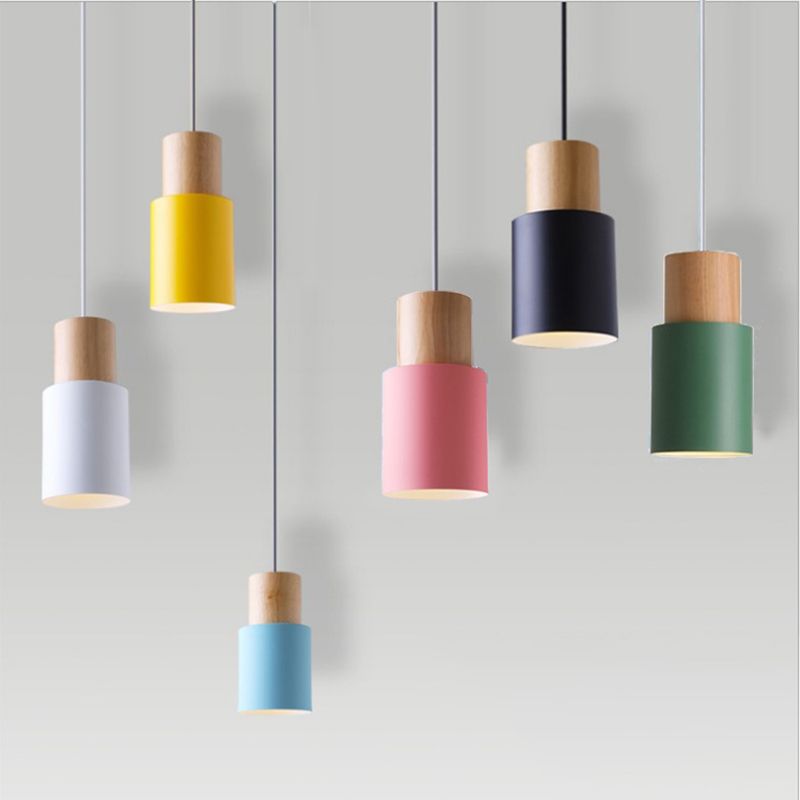 Lámpara colgante de 1 luz de estilo colgante de estilo macarrón con madera para dormitorio