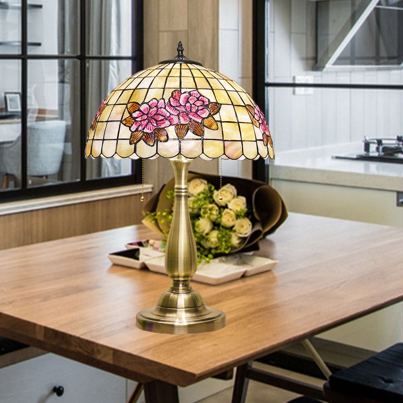 Flower Pattern Grid Shell Table Lamp Tiffany Style 2 Bulbs Gold Finish Night Stand Light with Pull Chain