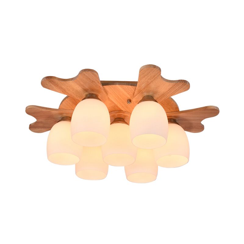 Cream Glass Bell Flush Ceiling Light Nordic 1/5/7-Head Semi Mount Lighting with Antler Top in Wood
