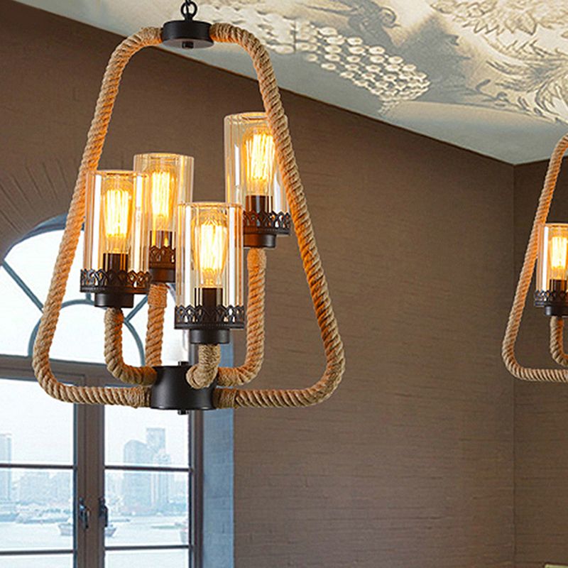 Beige 4 Lights Pendant Chandelier Traditional Rope and Glass Cylinder Hanging Light