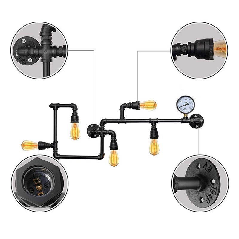 Water Pipe Iron Wall Lighting Industrial 5 Bulbs Restaurant Wall Sconce with Decorative Gauge