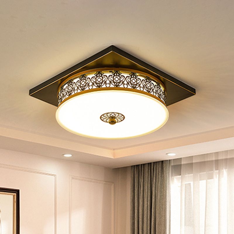 Drum Design Opaline Glass Flushmount Traditional LED Bedroom Ceiling Light Fixture in Black, 12"/16"/19.5" W
