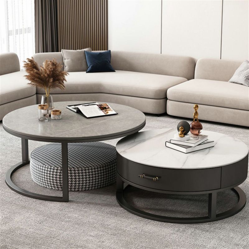 Stone Round Contemporary Cocktail Table Frame Nesting Coffee Table Set