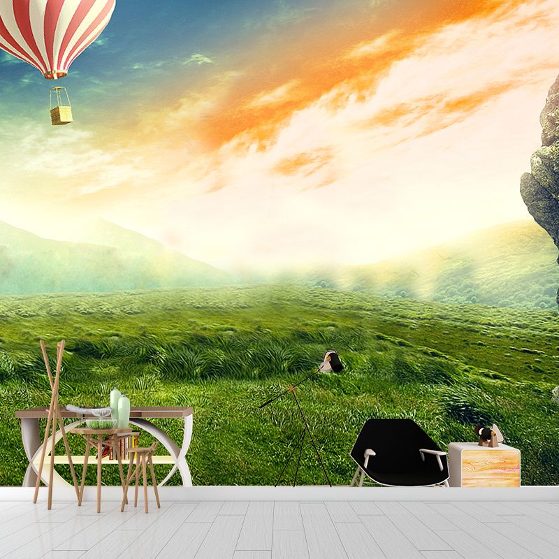 Magic Meadow with Balloon Mural for Kids Bedroom, Green, Customized Size Available