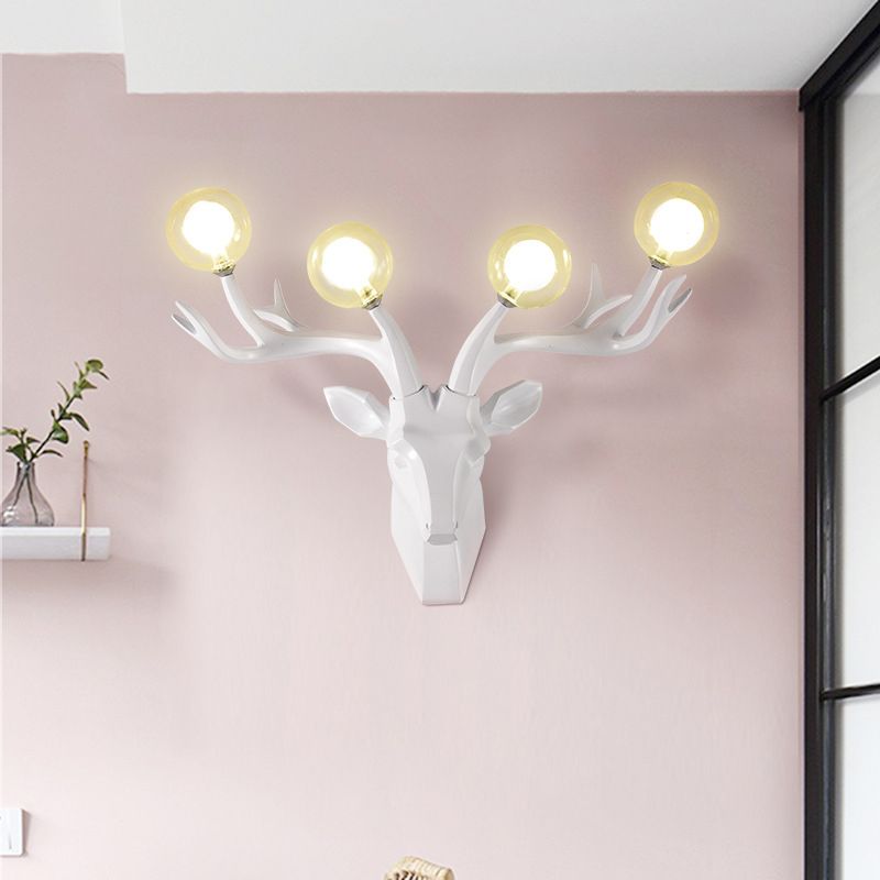 Sika Deer Living Room Wall Lamp Classic Style Resin 4 Heads Black/White/Blue Wall Sconce Light with Orb Clear Crystal Shade