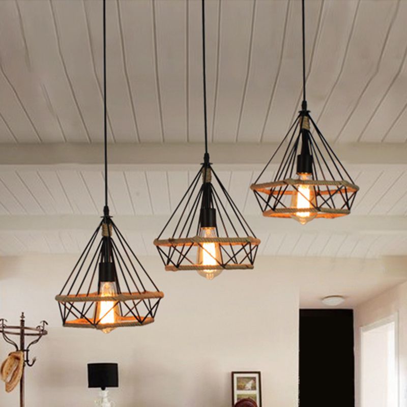 Luz de la isla de cuerda de cáñamo vintage con sombra de hierro de 3 luces restaurantes lámpara de suspensión