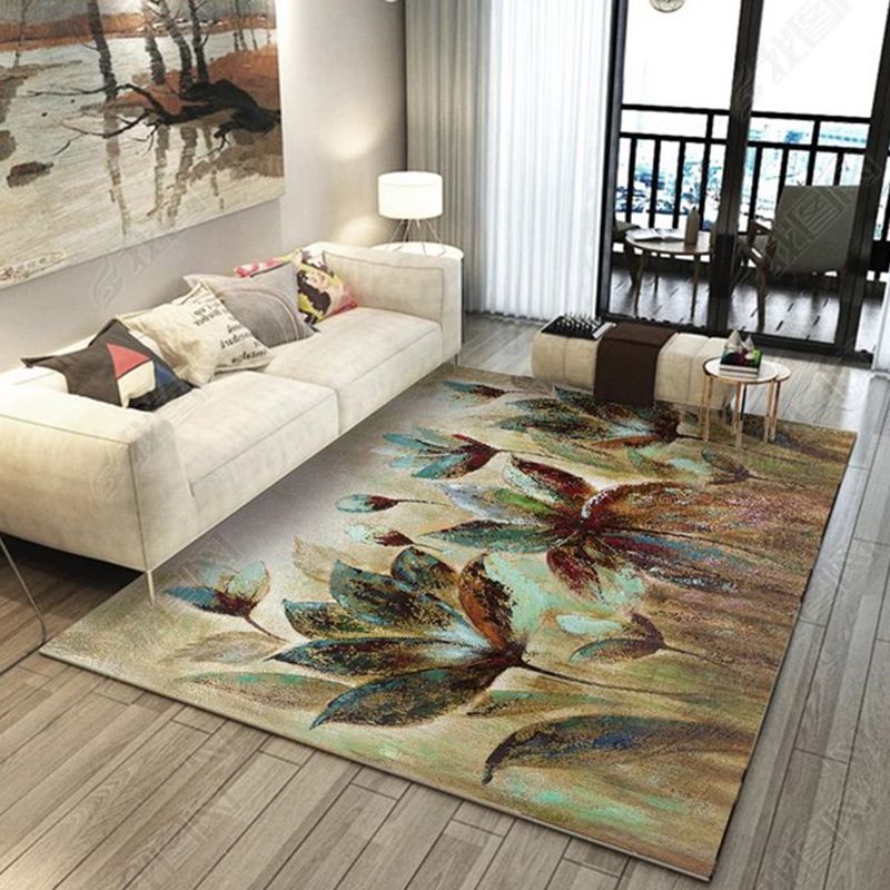 Unique Botanical Leaf Print Rug Green Contemporary Rug Polyester Washable Carpet for Living Room