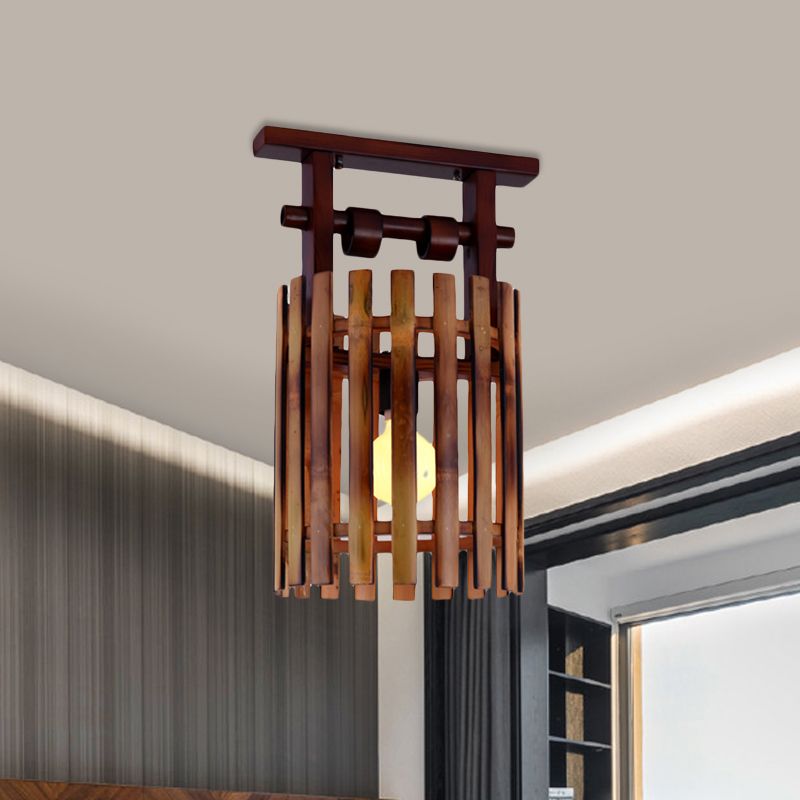Bamboo Oval/Cylinder Cage Semi-Flush Mount Country 1/2-Light Corridor Ceiling Lamp in Brown with Wood Linear Canopy