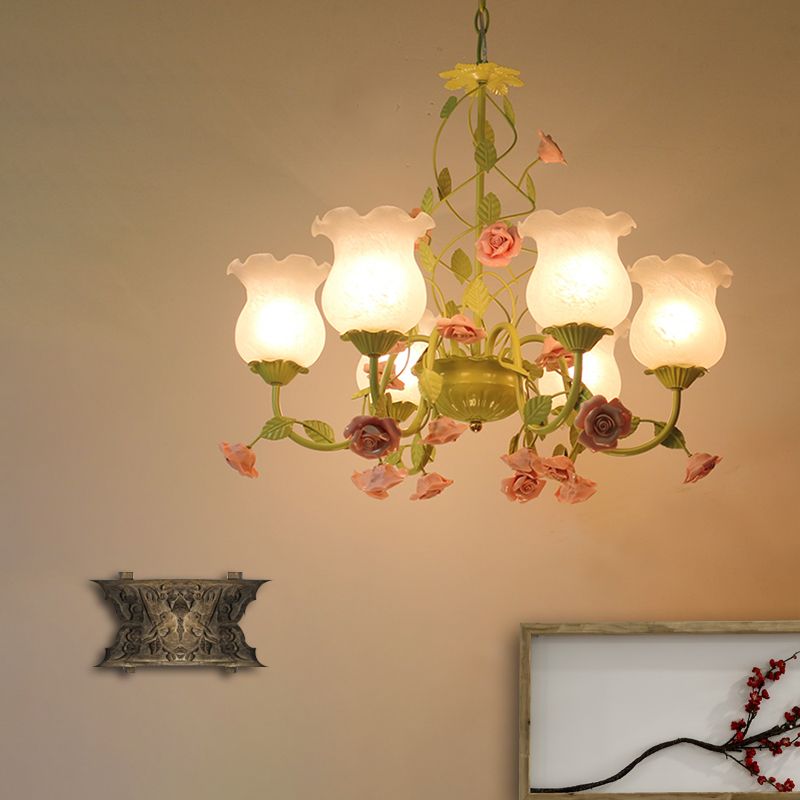 Milk Glass Bloom Chandelier Lamp Traditional 6 Heads Living Room Pendant Light Fixture in Green