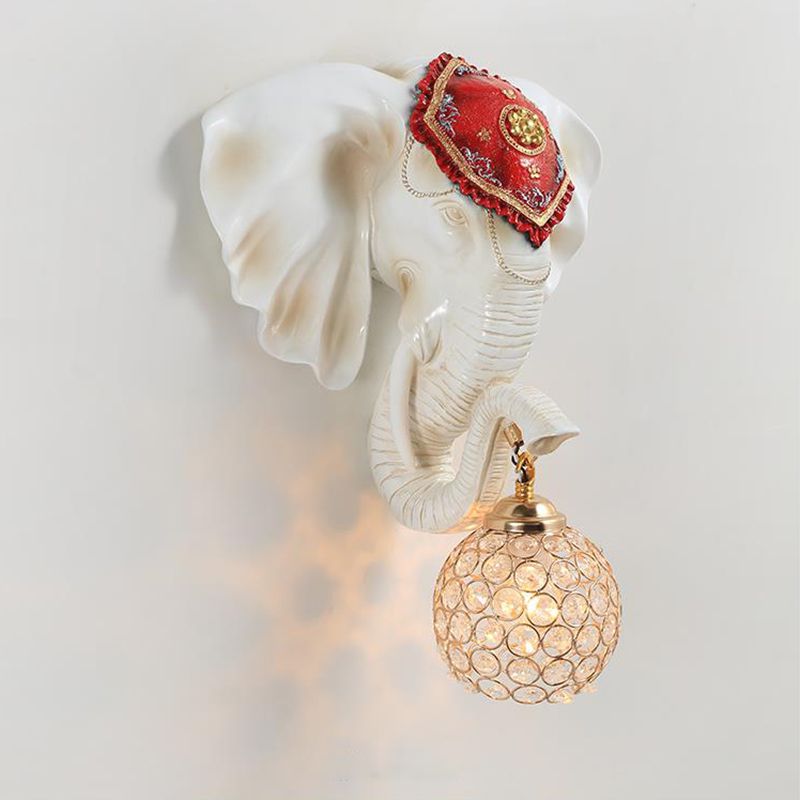 1-Light Dome/Water Drop Wall Lighting Rural White/Gold Inserted Crystal Wall Mounted Lamp with Elephant Head Decor