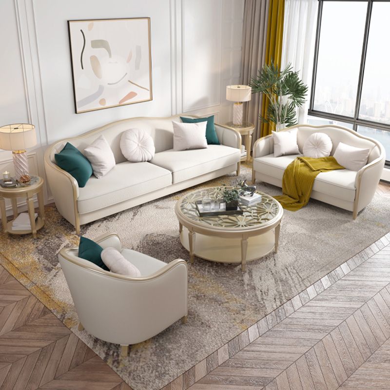 French Country Faux Leather Sofa with Ottoman Included in Wood