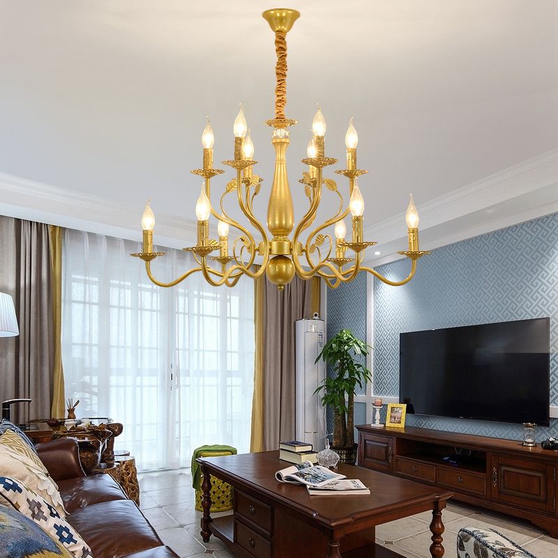 Gold 6/12/16 Lights Chandelier Light Fixture Traditional Metal Swooping Arm Pendant Lamp for Living Room