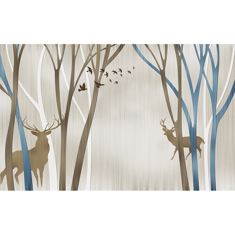 Personalized Illustration Nordic Murals with Silhouette Deer in Leafless Trees Pattern in Blue-Brown