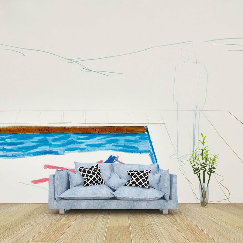 Sunbathing at Pool Wall Mural Decal Purple-Blue Modern Art Wall Covering for Living Room