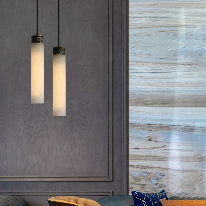 Cylinder Hanging Light Fixture Modern 1-Light White Suspension Lamp with Stone Shade
