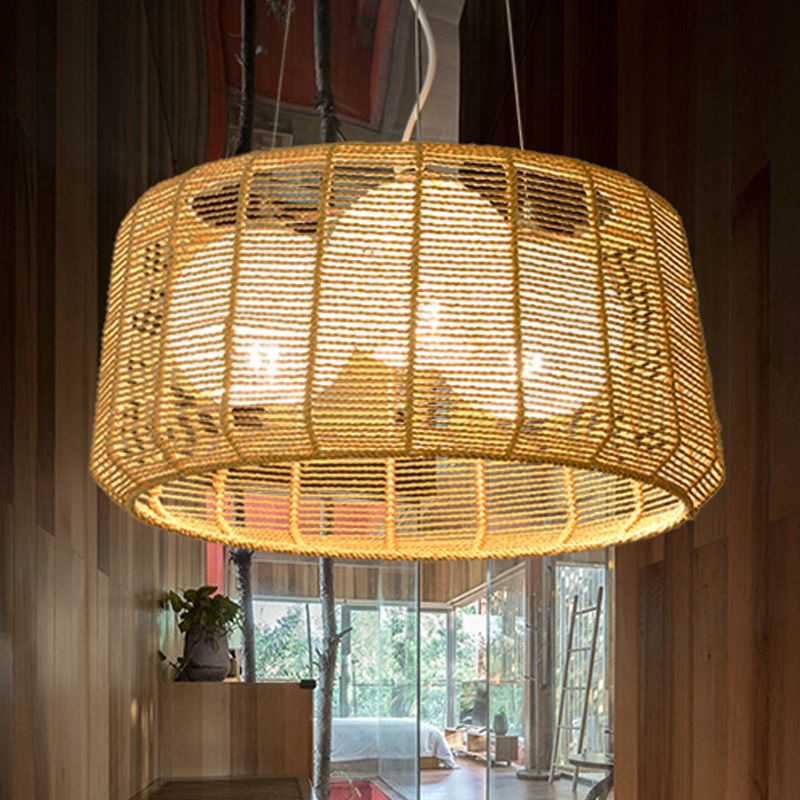 3-lichtslokaal plafond kroonluchter Chinese beige hanglamp met drum bamboe kooi