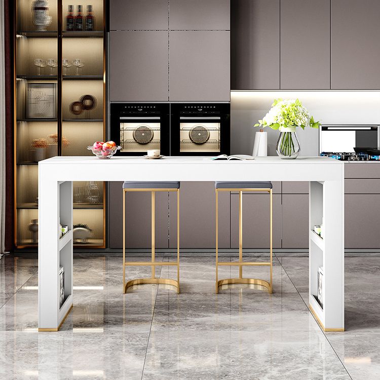 Glossy White Stone Bistro Table with Double Pedestal Contemporary Pub Table for Home