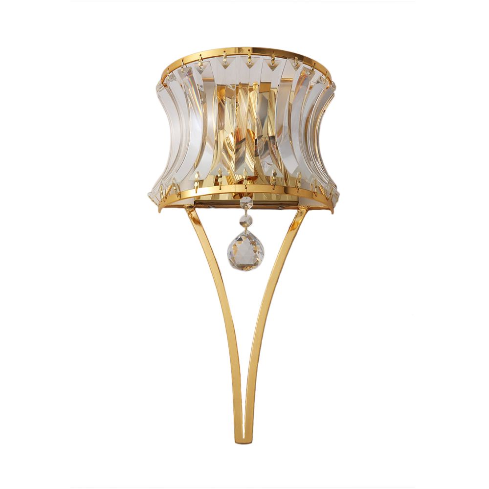 Curved Drum Metal Wall Light Vintage Style Golden 2 Lights Sconce Lamp with Clear Crystal Prism