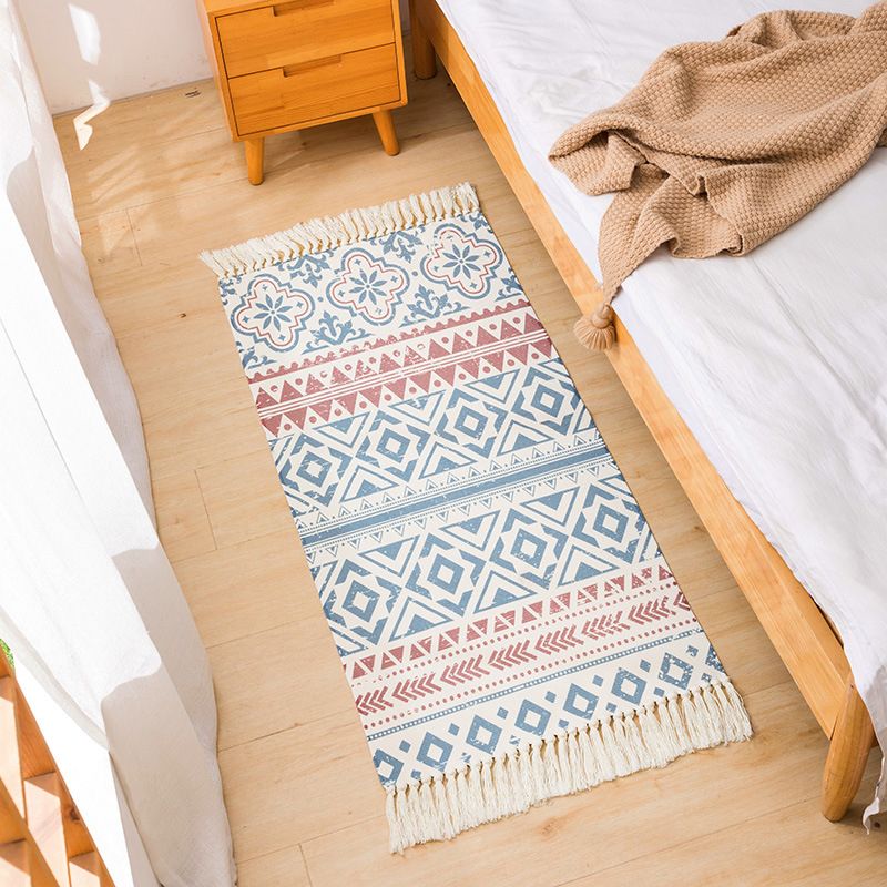 Bohemian Ameicana Pattern Rug Creative Fringe Detail Area Rug Cotton Blend Carpet for Bedroom