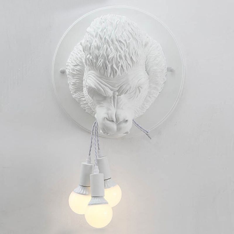 Orangutan Head Wall Mounted Lamp Decorative Resin 3 Lights Black/White Wall Sconce for Porch