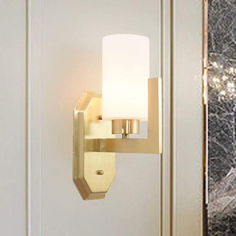 1 Bulb Living Room Wall Lamp Modern Gold Sconce Light Fixture with Tubular Milk Glass Shade