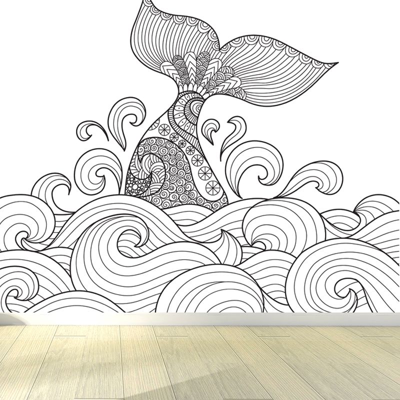 Hand-Print Fairy Tales Mural Black and White Cartoon Wall Decor for Childrens Room