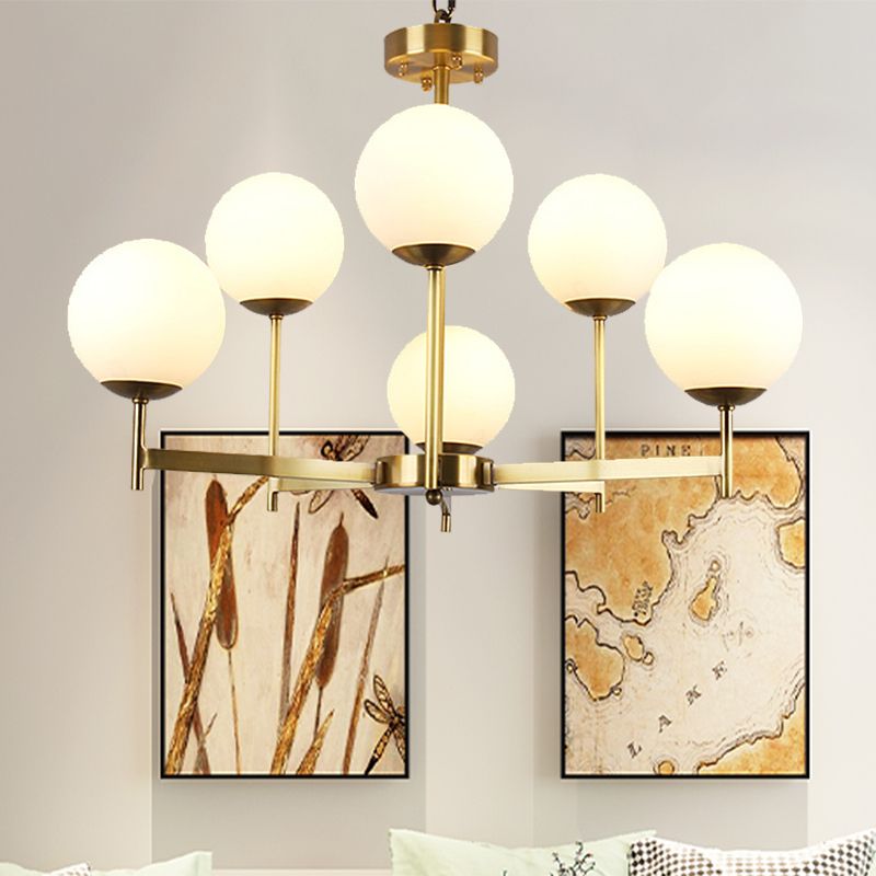 6/8 Bulbs Globe Chandelier Light Traditional Frosted Glass Hanging Ceiling Fixture in Brass